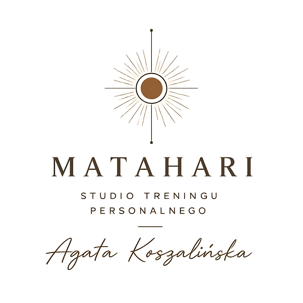 Logo for Matahari Studio Trainingu Personalnego with a starburst design and the name Agata Koszalińska.