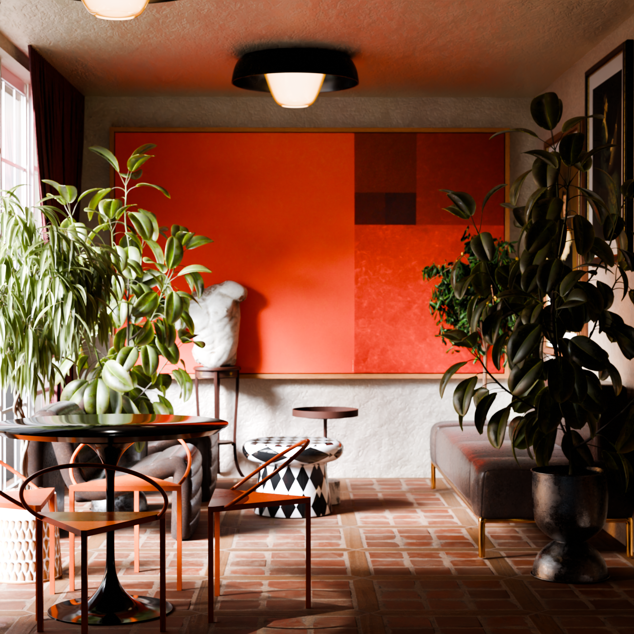 Interior of a stylish living room with large green plants, a black and white patterned stool, a gray bench, a red and orange abstract wall art, and warm natural lighting.