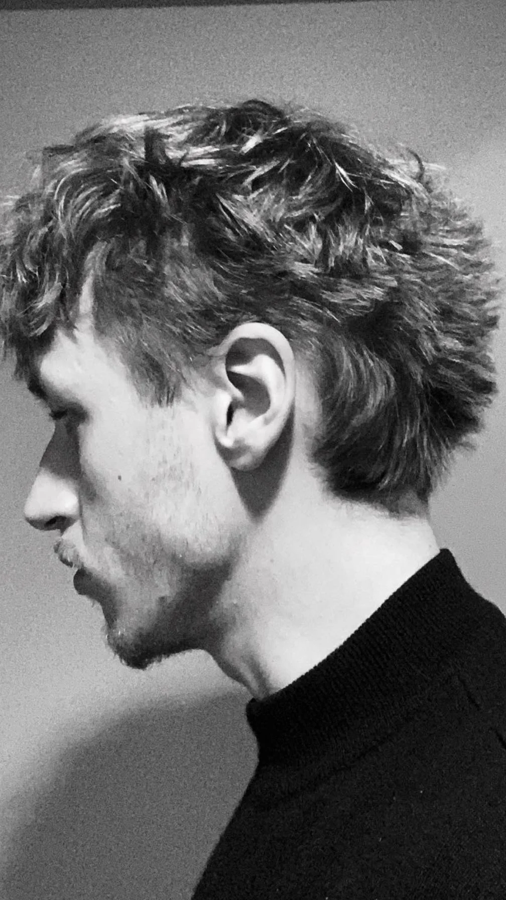Black and white profile portrait of a young man with textured, wavy hair and a mustache, wearing a turtleneck sweater.
