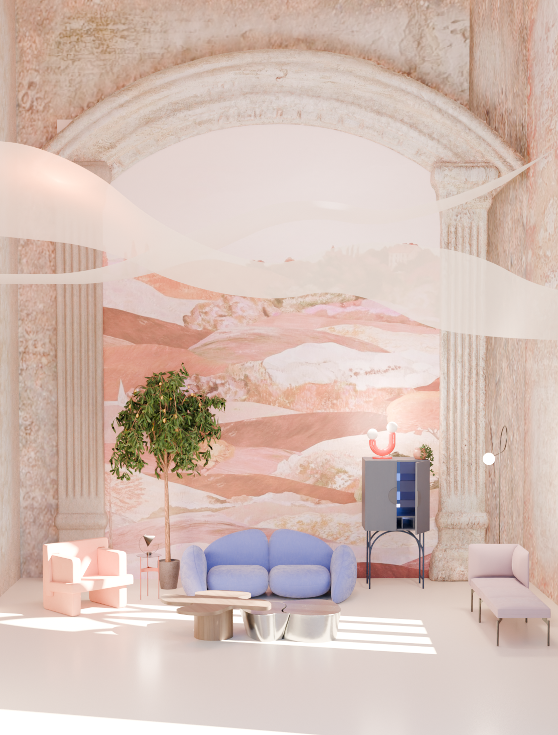 A modern, pastel-colored living room with pink stone walls, a blue sofa, pink armchair, a small white side table, and a purple bench. There's a potted tree, decorative objects, and a scenic mountain mural on the wall. Light streams through the space, casting shadows on the floor.
