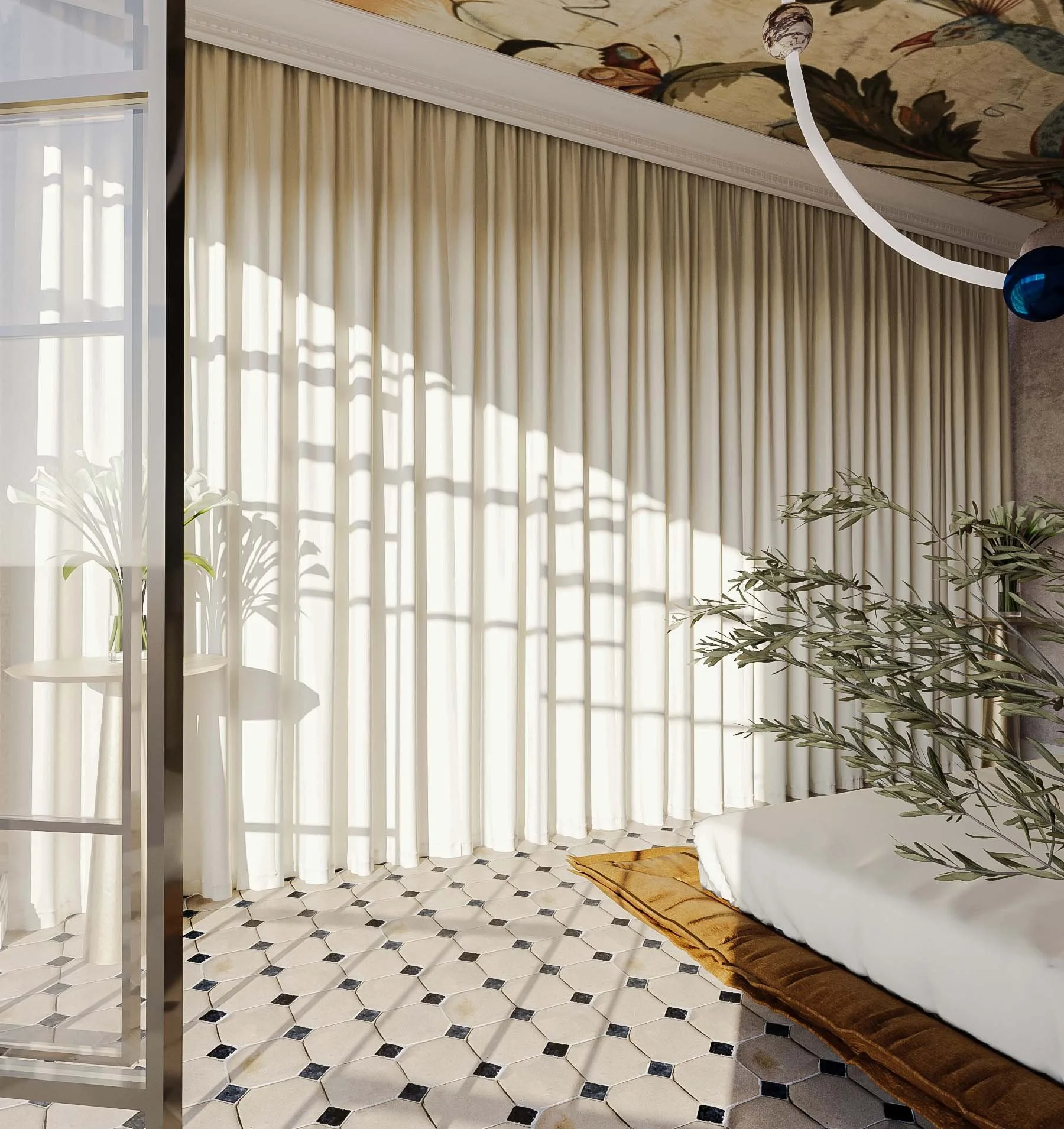 Sunlight streaming through cream-colored curtains in a bright living space with geometric patterned floor tiles, a white bed with a brown blanket, a leafy plant, and a small white table with a vase of flowers.