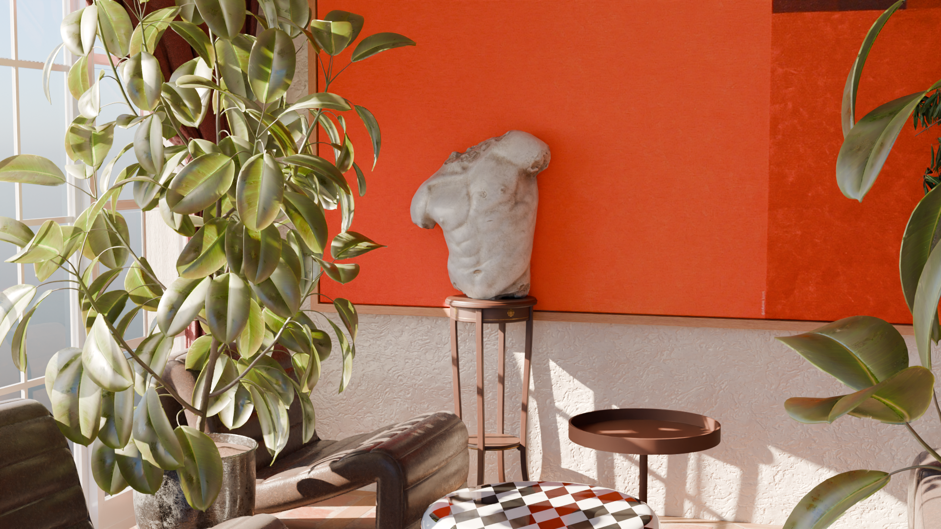 Interior of a room with large green leafy plants, an orange wall, a classical marble sculpture head on a round table, and a small round side table.