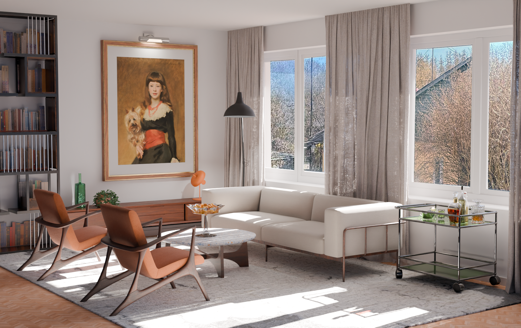 Sunlit living room with a white sectional sofa, three mid-century modern chairs around a coffee table, a large framed portrait of a girl with a dog hanging on the wall, a bookshelf, and a bar cart near the window with a view of trees and neighboring house.