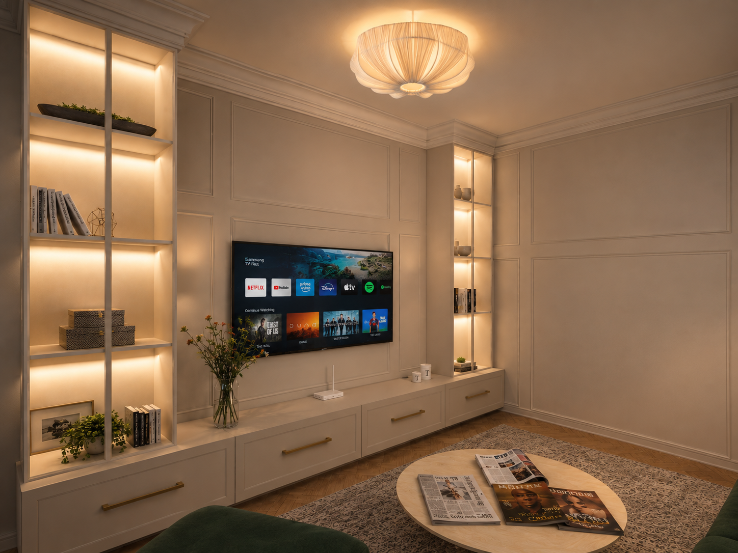 Eleganta viesistabas TV zona ar dekoratīviem sienu paneļiem, integrētiem plauktiem, siltu apgaismojumu un koka parketu, MIL/R STUDIO interjera dizains Rīgā.