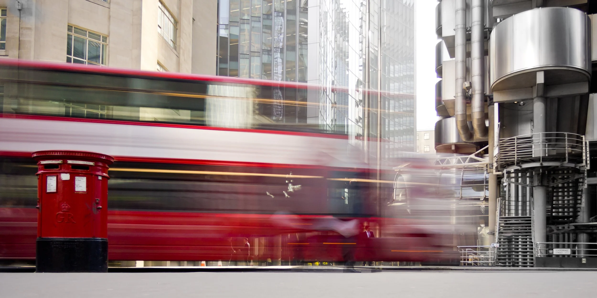 Lloyd’s of London Street Level, Red Bus and Post Box