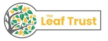 Logo for The Leaf Trust featuring a circular graphic of a tree with green and yellow leaves and the organization's name in yellow and gray text.