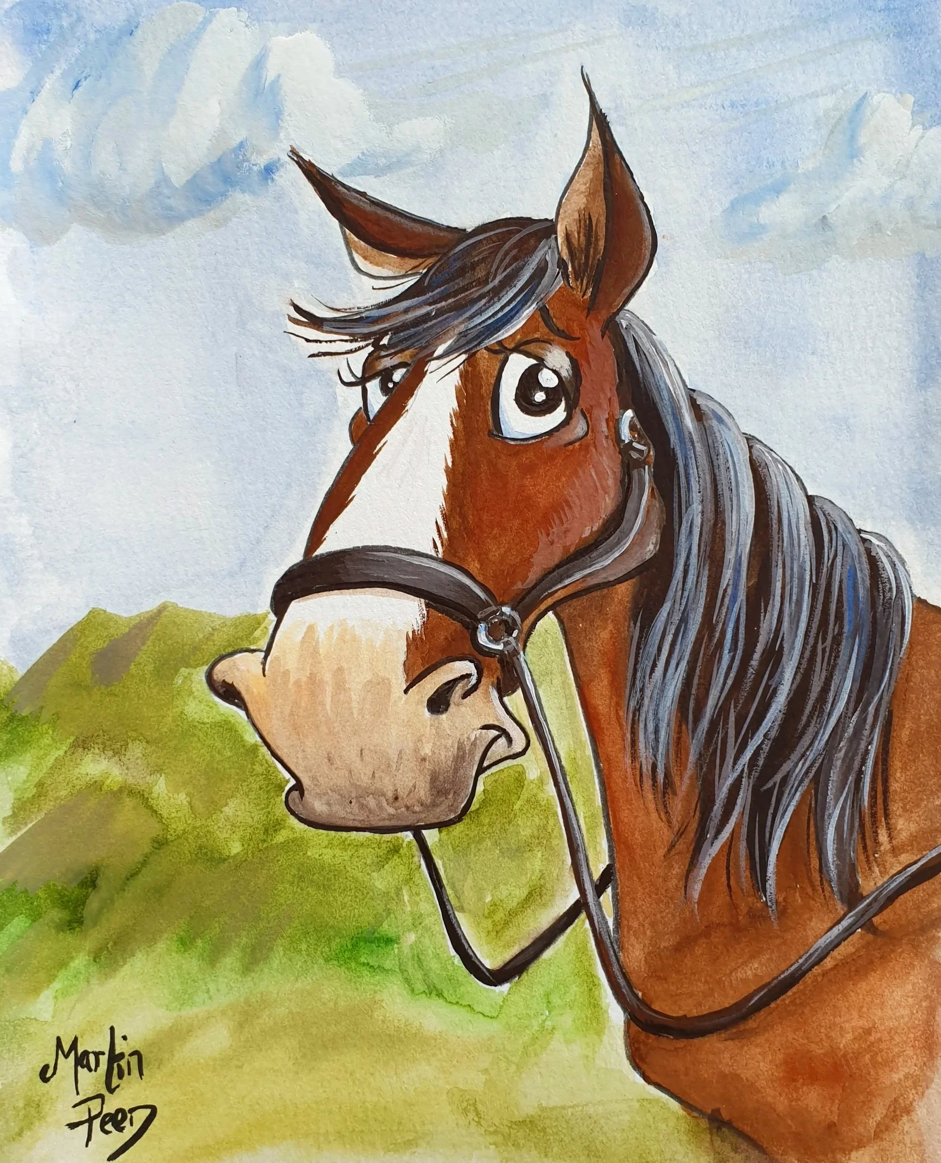 Private commission: horse cartoon portrait, watercolour and pencil