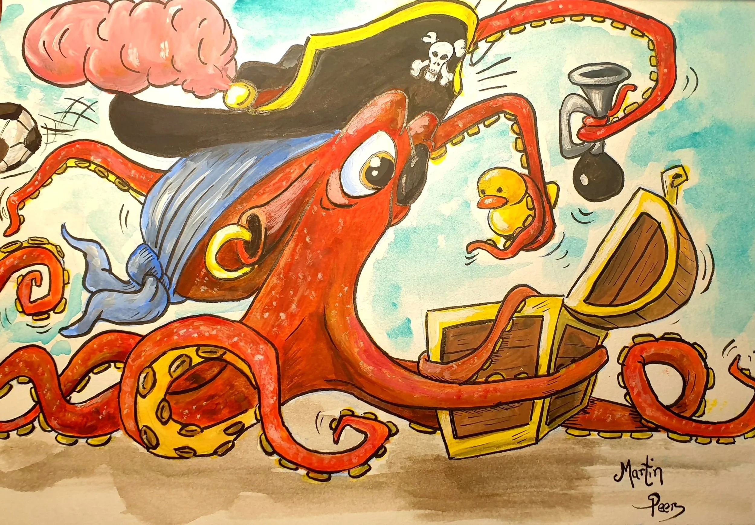 An early sketchbook incarnation of Otto the Pirate Octopus (pencil and watercolours)