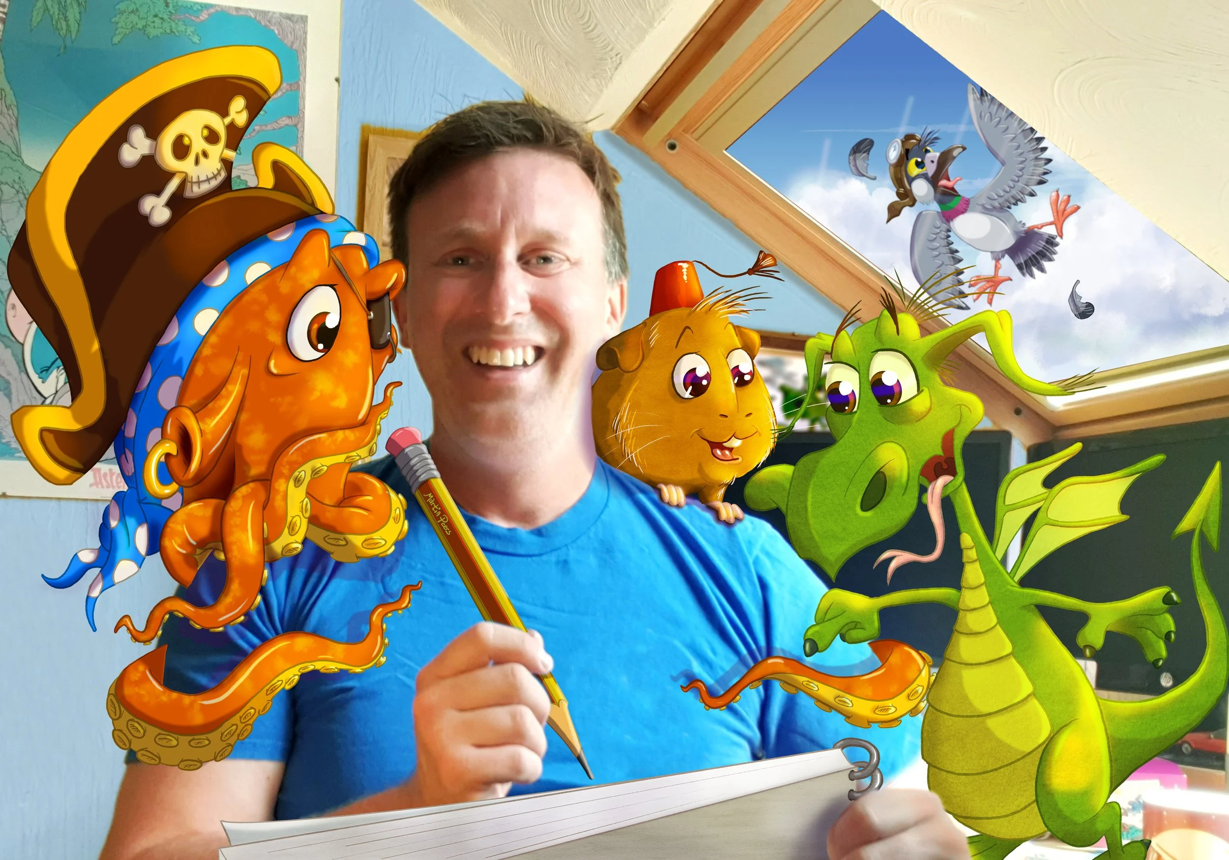A man smiling and sitting at a table with colorful cartoon animals around him, including a pirate octopus, a guinea pig, a green dragon, and an accident-prone pigeon outside a skylight.