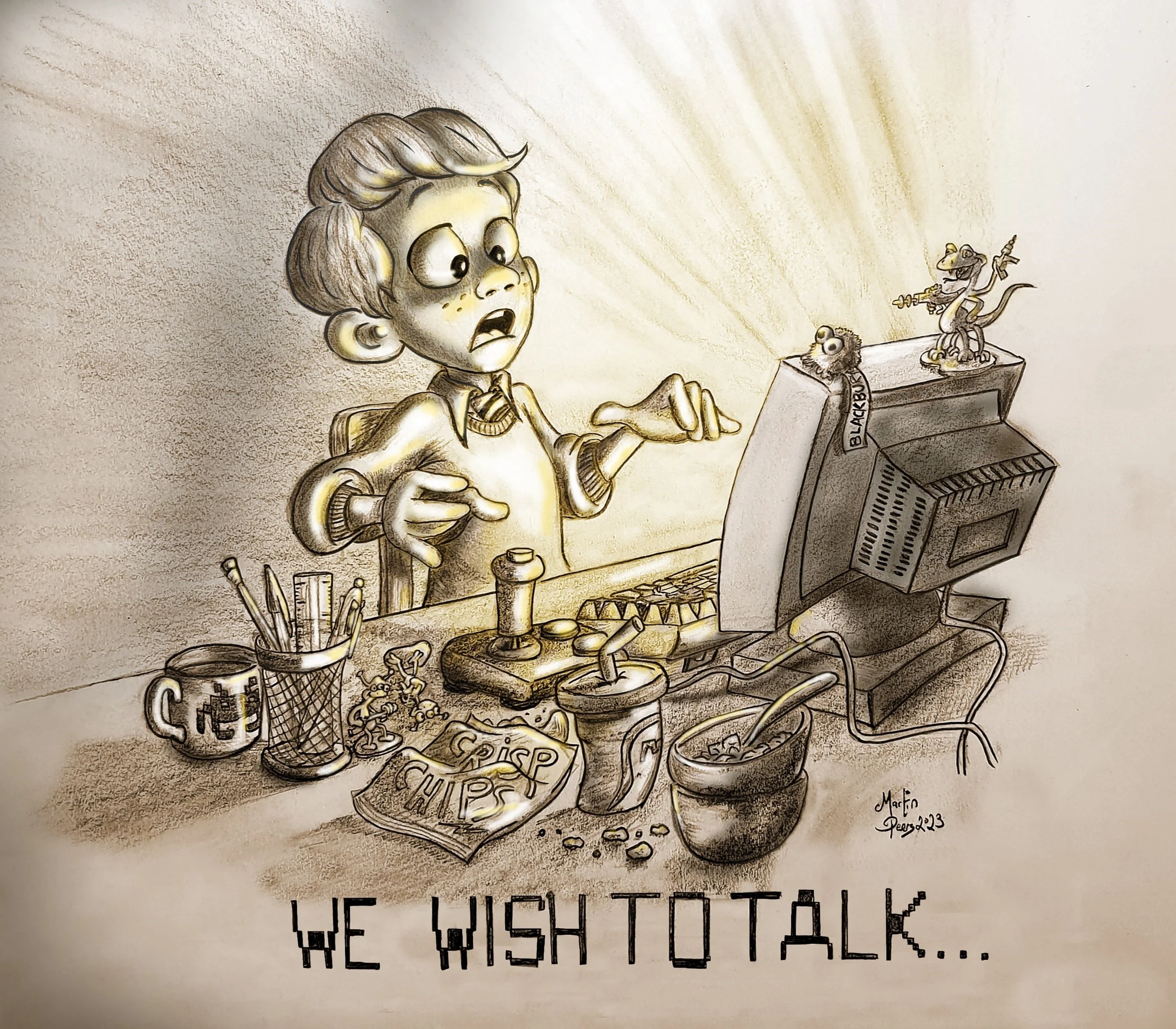 Illustrating a moment from a chapter book: my take on a scene from Terry Pratchett's "Only You Can Save Mankind" (1992). Pencil sketch augmented with digital highlights