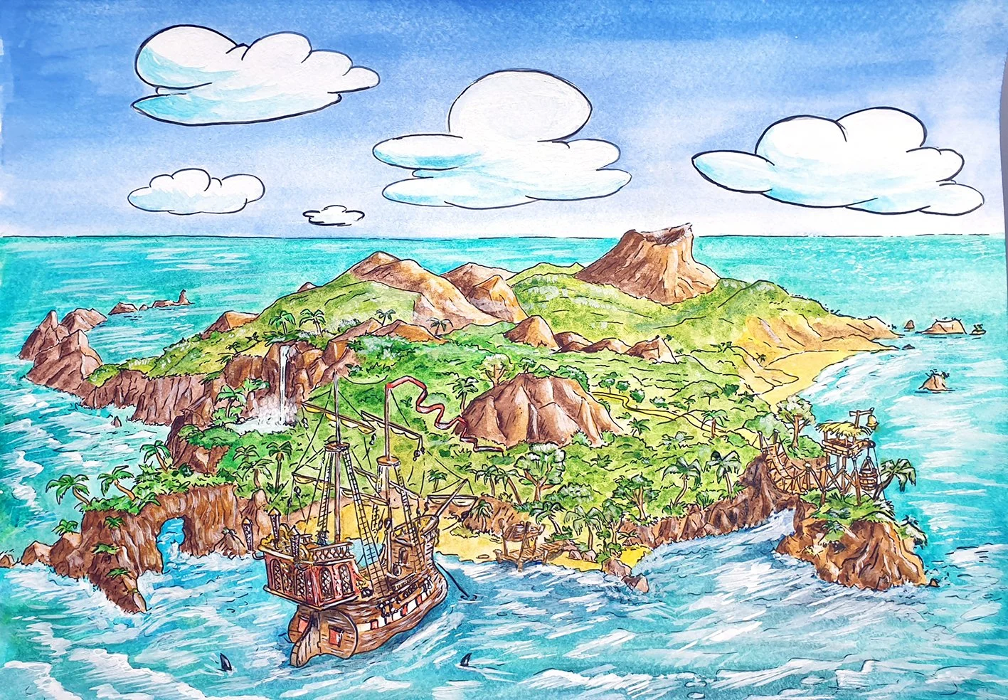 The lost paradise of Dragon Island - a landscape concept for a forthcoming picture book. (watercolour and ink)  