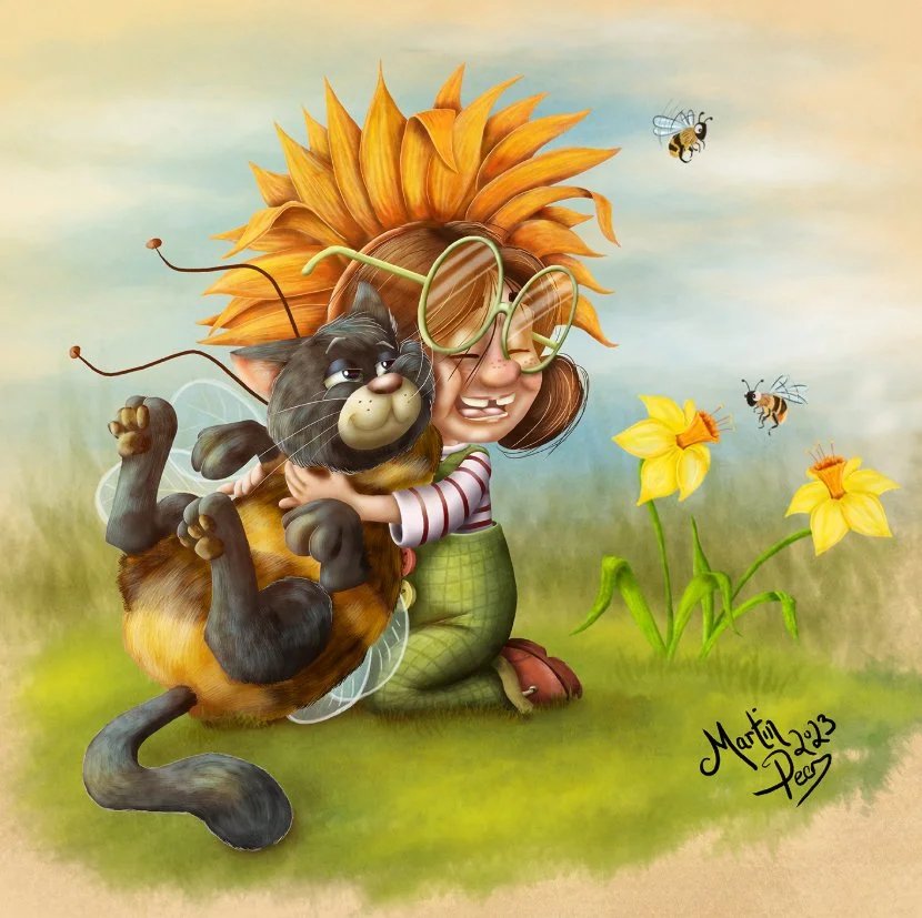 Flower Girl and Cat-Bee! (Digitally painted pencil sketch)