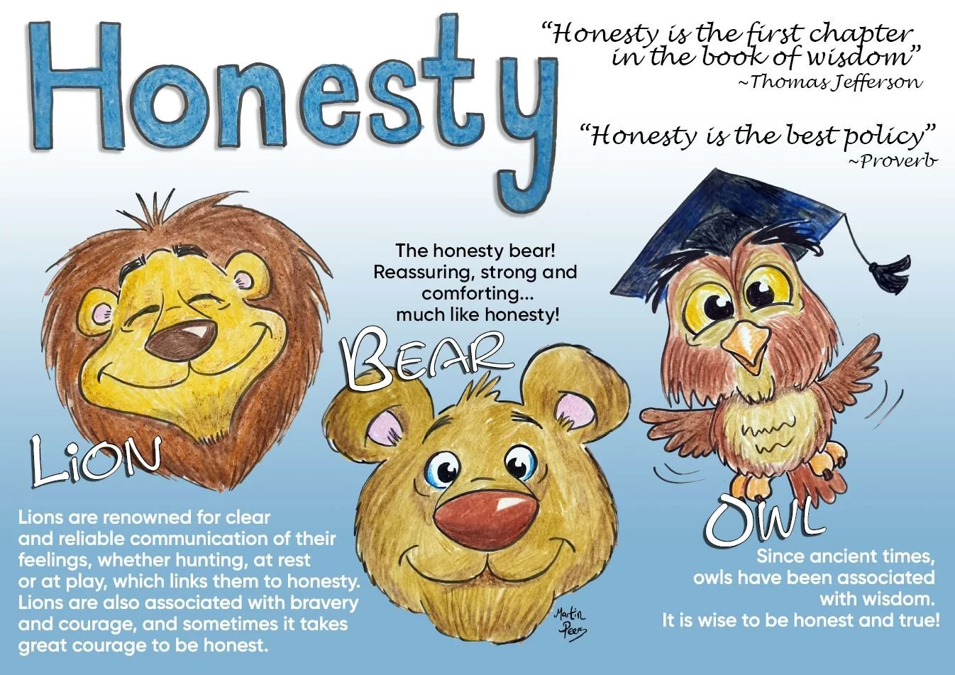 Honesty: Initial concept board - ink, pencil and Photoshop.  Ideas for animal characters to represent the value, along with appropriate quotes and research on justification for choices