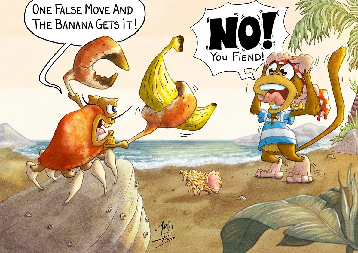 The Banana Gets It!  Concept art from in-progress picture book.  Digitally painted pencil sketch