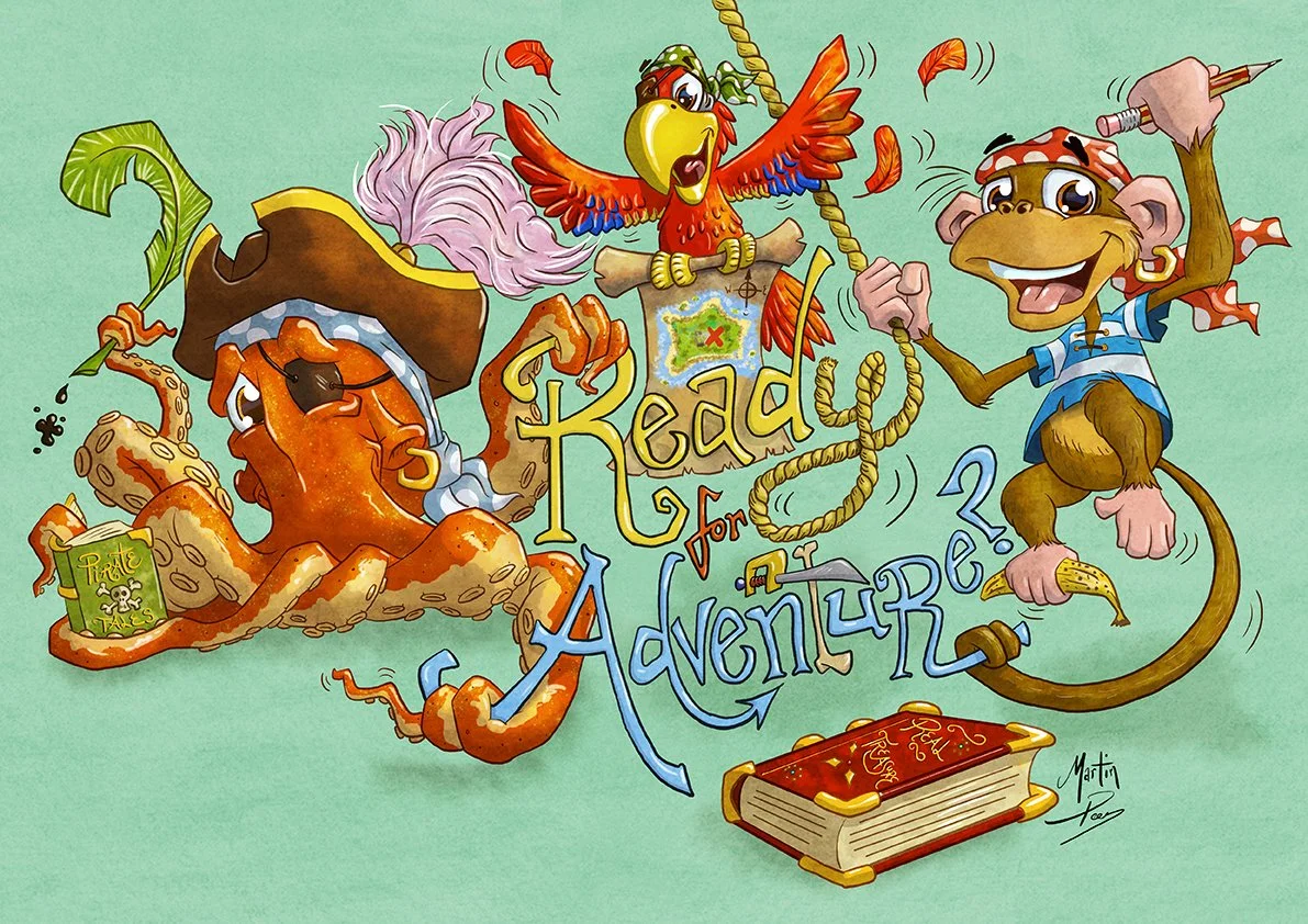 Ready for Adventure! An illustration workshop promo featuring my characters. Especially pleased that I have managed to design a pirate hat that fits on Otto's head - that was tricky! (digital)