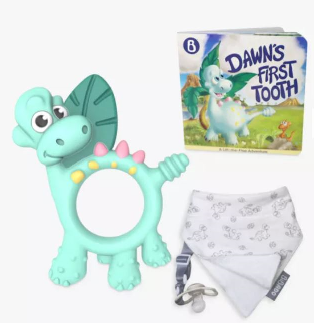Toy, book and dribble bib bundle, sold at John Lewis.  The dribble bib features my line art of Dawn