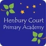 Logo of Henbury Court Primary Academy with green leaf and star decorations on a blue background