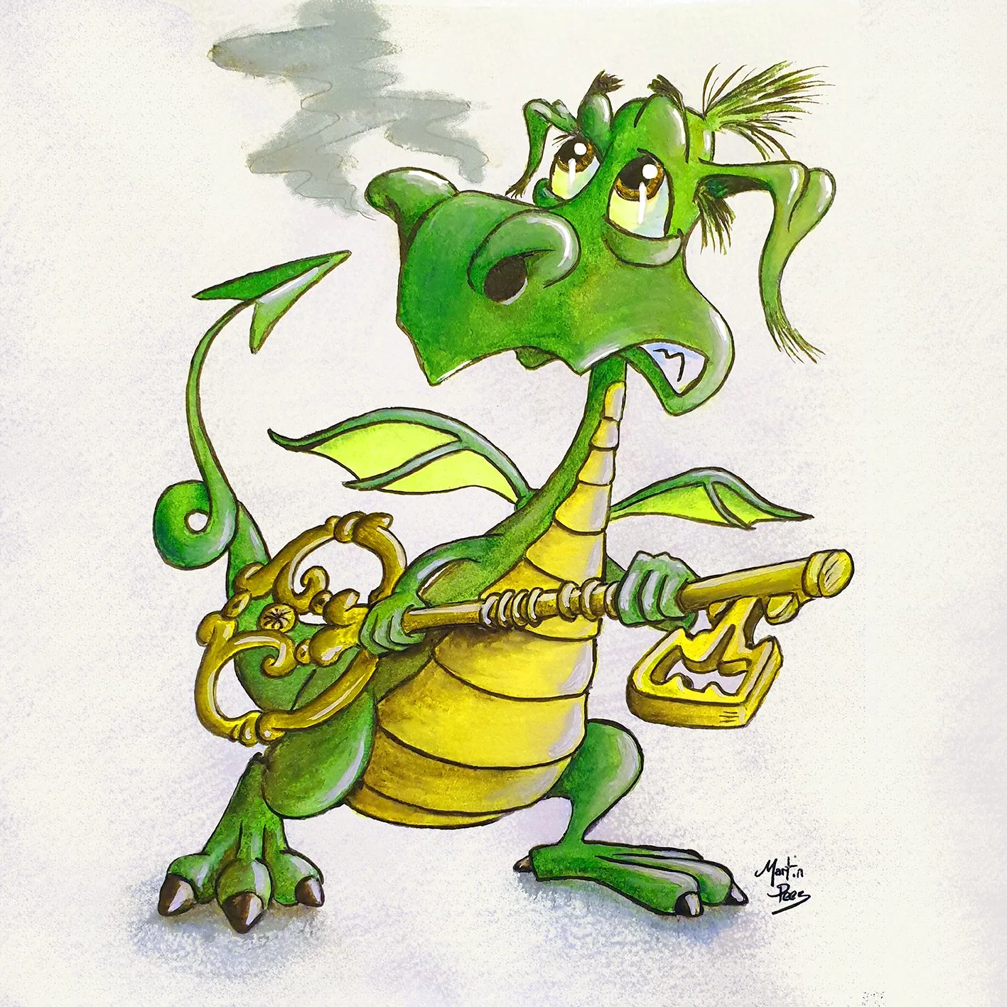 My little dragon - a character concept for a forthcoming picture book (pencil sketch and watercolour, digital enhancement)