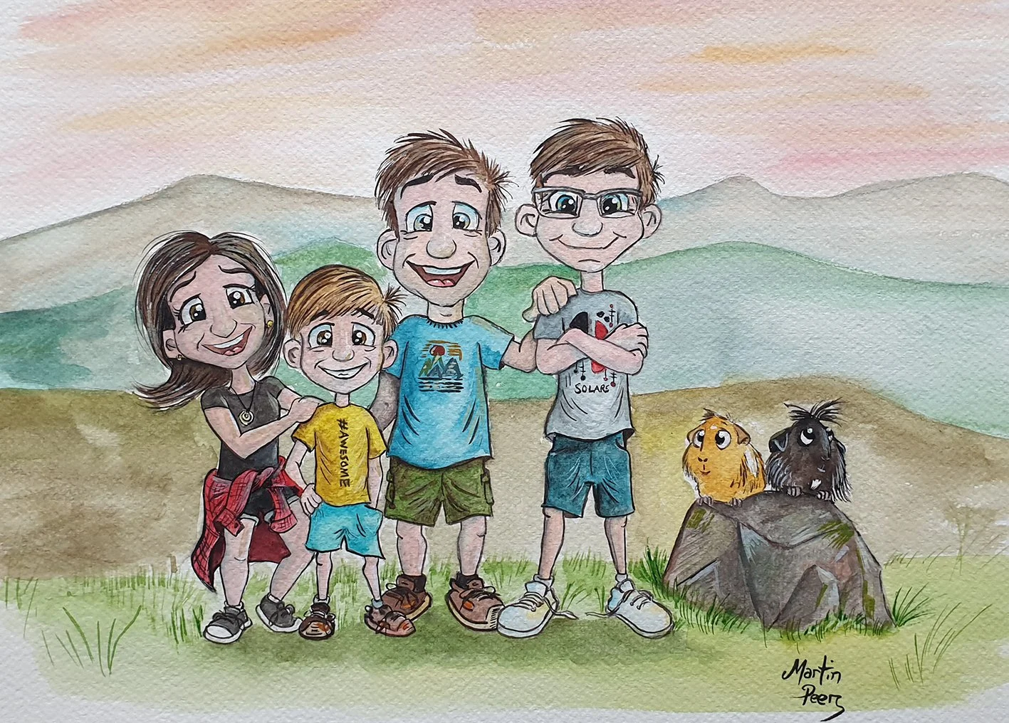 Watercolor illustration of four people standing outdoors on grass with two guinea pigs on a rock. The group includes a woman, a man and two boys with mountains and sky in the background.