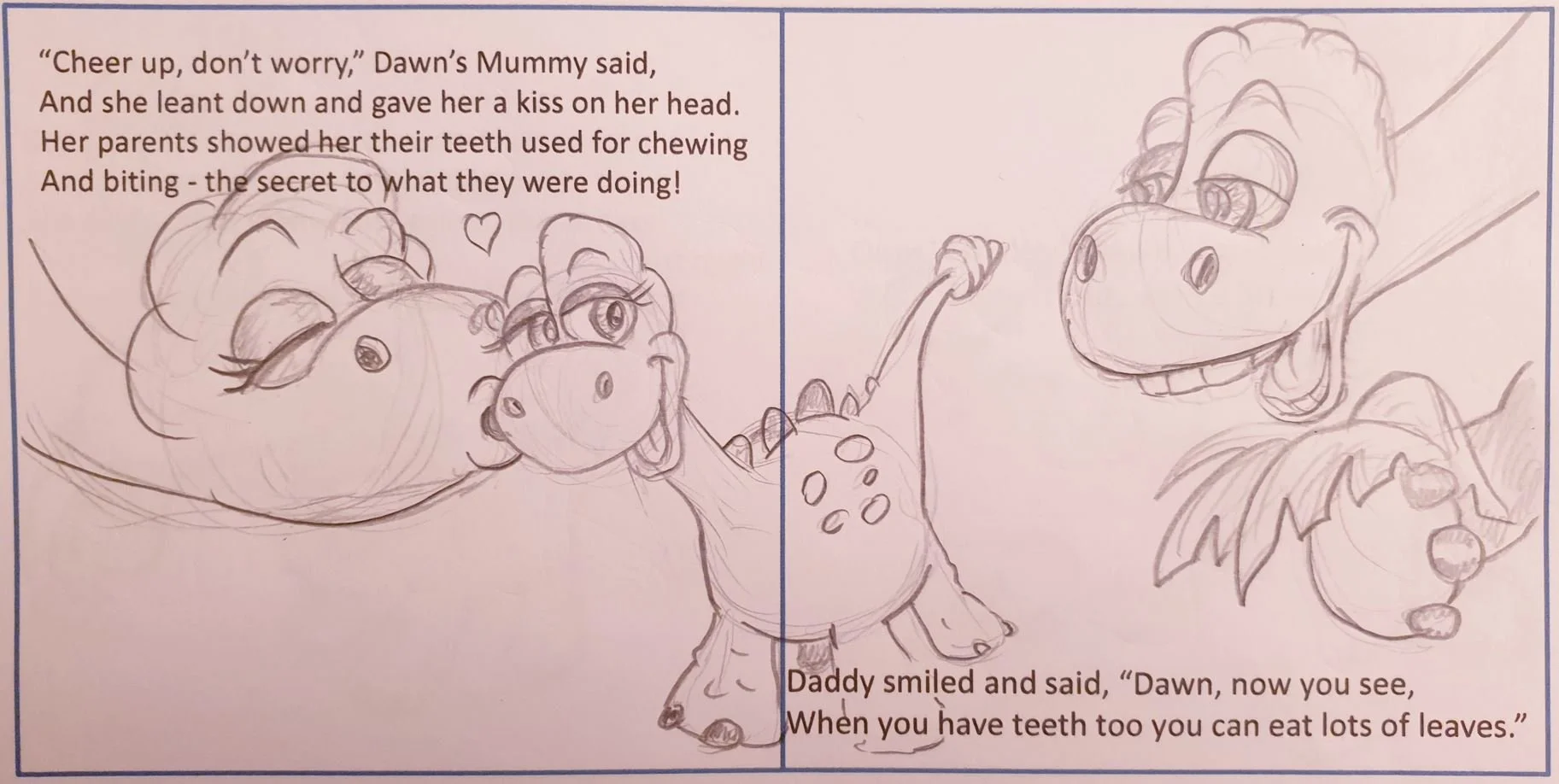 Initial layout concept sketch with first draft of story text