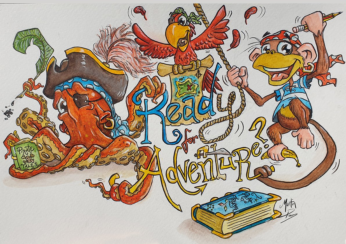 Ready for Adventure!  A watercolour of my workshops promotional design featuring new characters.  Delighted that I managed to get the pirate hat to fit on Otto at last!