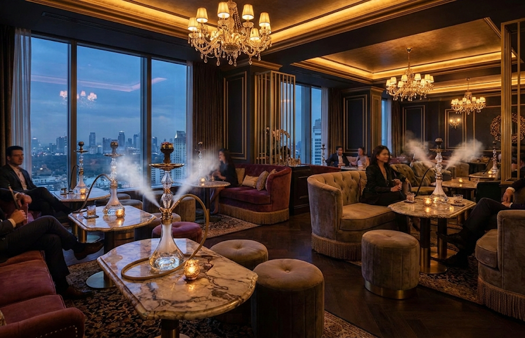 Luxus-Lounge mit Goldakzenten, Kronleuchtern und hohen Fenstern mit Stadtblick, mehreren Gästen, die Wasserpfeifen rauchen, eleganter Einrichtung mit Kronleuchtern und bequemen Sesseln.