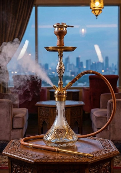 Hochwertige Wasserpfeife (Hookah) auf einem Holztablett in einem stilvollen Lounge mit Stadtblick.