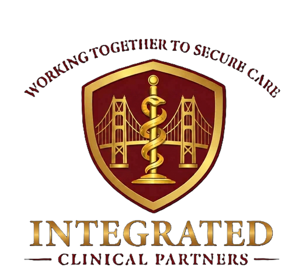 A badge featuring the Golden Gate Bridge with a medical staff symbol in the center, surrounded by the text 'Working together to secure care' at the top and 'Integrated Clinical Partners' at the bottom.