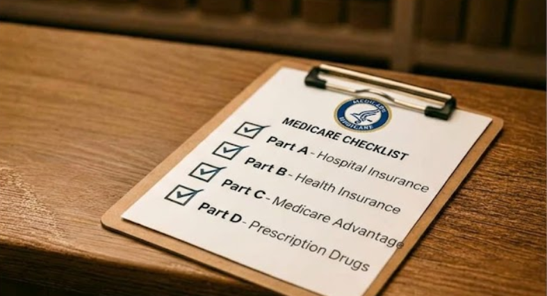 Medicare checklist on a clipboard with checkmarks next to each item, including hospital insurance, health insurance, Medicare advantage, and prescription drugs, on a wooden desk.