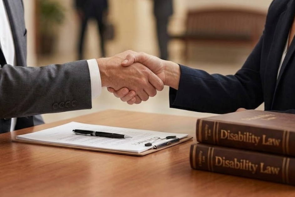 Two people in business attire shaking hands over a table with documents, pens, and legal books labeled 'Disability Law'.