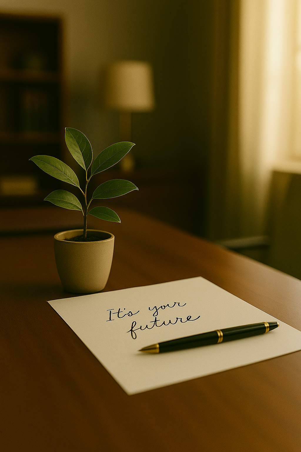 A potted green plant on a wooden table next to a sheet of paper with the handwritten words "It's your future" and a black and gold pen.