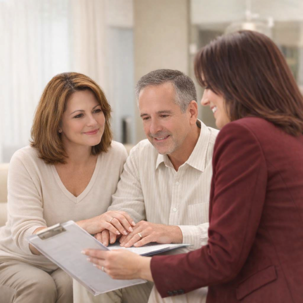 A couple sitting on a sofa consulting with a real estate agent holding a clipboard.