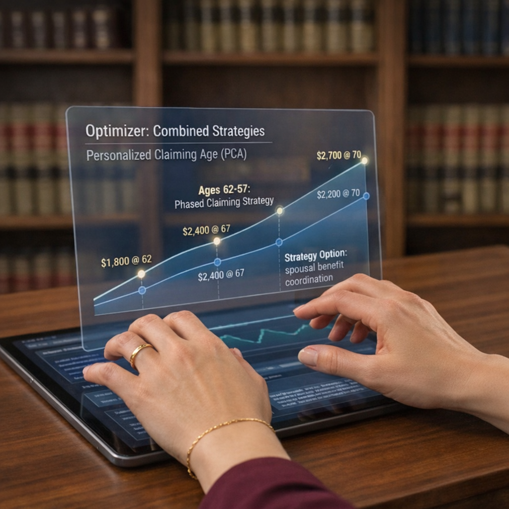 Person holds a tablet displaying a holographic chart with financial data and strategies, with bookshelves in the background.