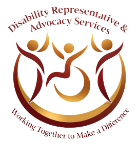 Logo for Disability Representative & Advocacy Services featuring three stylized figures, one in a wheelchair, with arms raised, surrounded by circular design and text reading 'Disability Representative & Advocacy Services, Working Together to Make a Difference'.