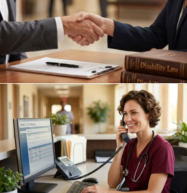 Handshake between two men in suits over a desk with legal books and a clipboard, and a smiling female nurse talking on a phone at her desk with a computer and medical equipment in the background.