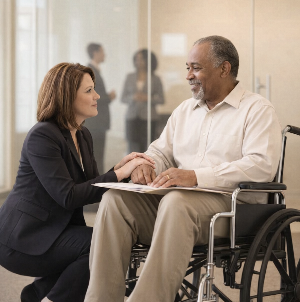 A woman in a black suit holding hands with a man in a wheelchair, smiling at each other in a professional setting.
