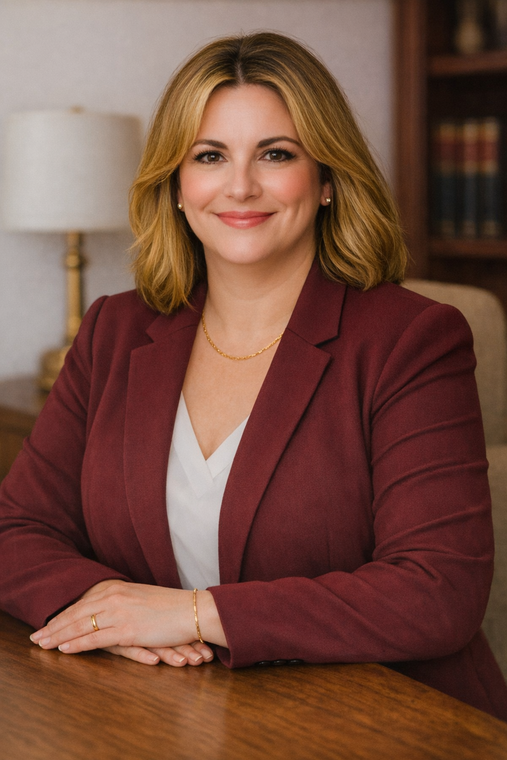 A woman with shoulder-length blonde hair smiles while sitting at a wooden desk. She is wearing a maroon blazer, white blouse, and gold jewelry, with a bookshelf and lamp in the background.