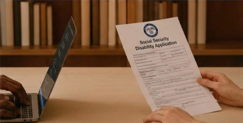 Person holding a Social Security Disability Application form next to a laptop on a wooden desk.