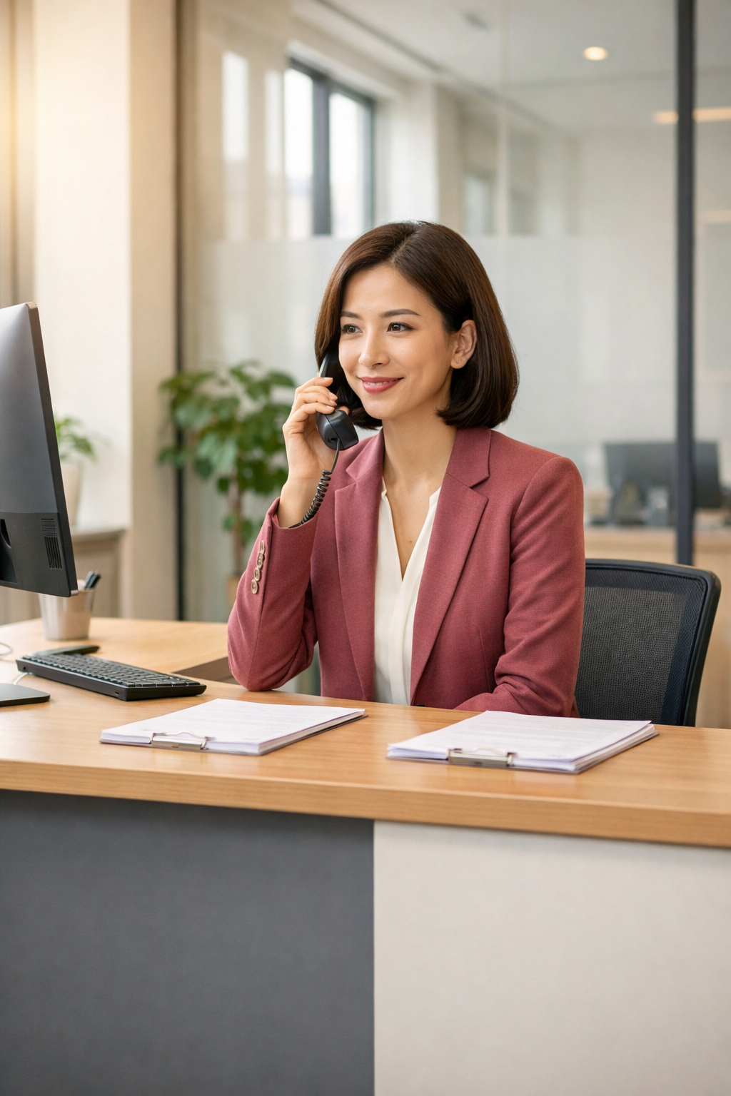 businesswoman in pink blazer talking on a landline phone at her office desk.