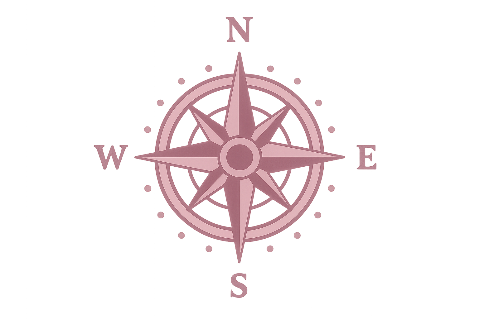 Pink compass rose with North, East, South, and West labels.