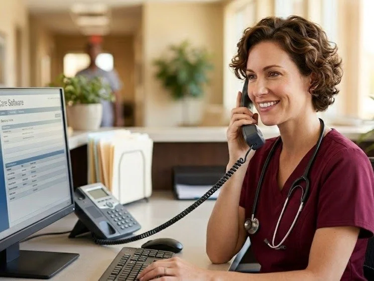 A female healthcare professional wearing scrubs with a stethoscope talking on a landline phone at her desk in a medical office.