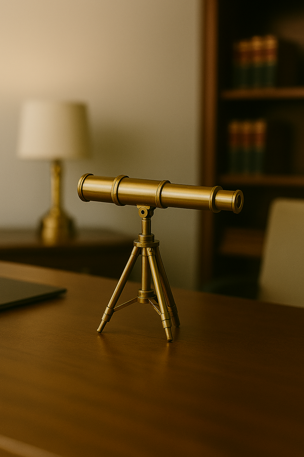 A brass telescope on a wooden desk in a room with a blurred background featuring a lamp and bookshelf.