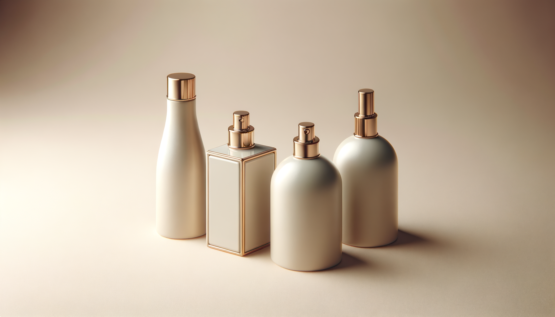 Four elegant bottles with metallic rose gold caps and accents, set on a neutral background. Two bottles are rounded, one is rectangular, and the fourth is slightly taller with a curved shape.
