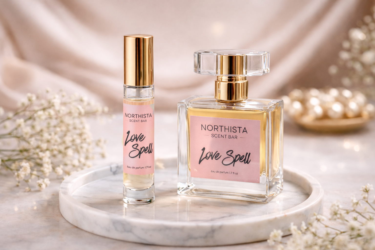 Two Northista Scent Bar products labeled Love Spell, one in a spray bottle and the other in a perfume bottle, on a marble tray surrounded by white flowers and a decorative bowl of pearls.