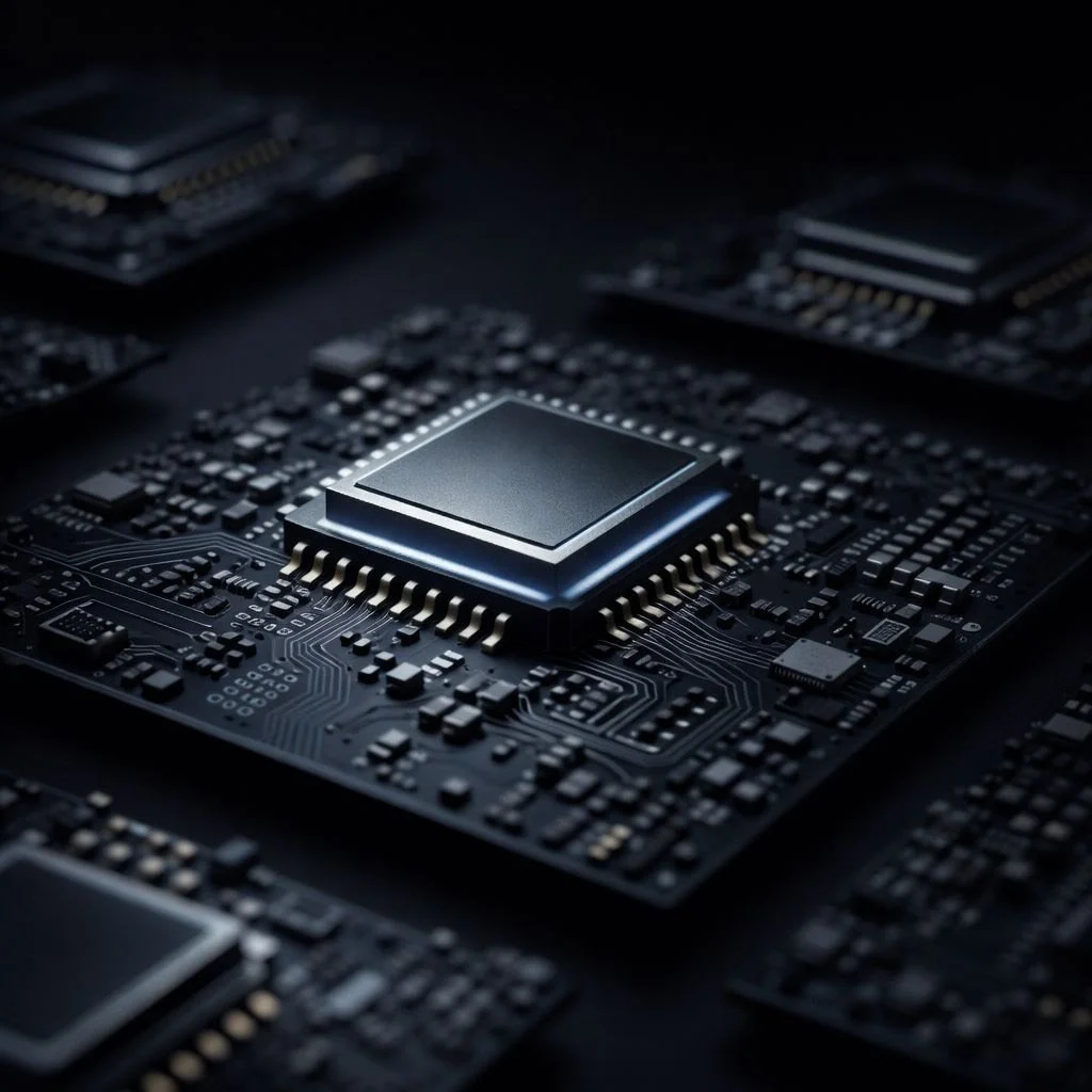 Close-up of a computer microchip on a circuit board, with other microchips in the background.