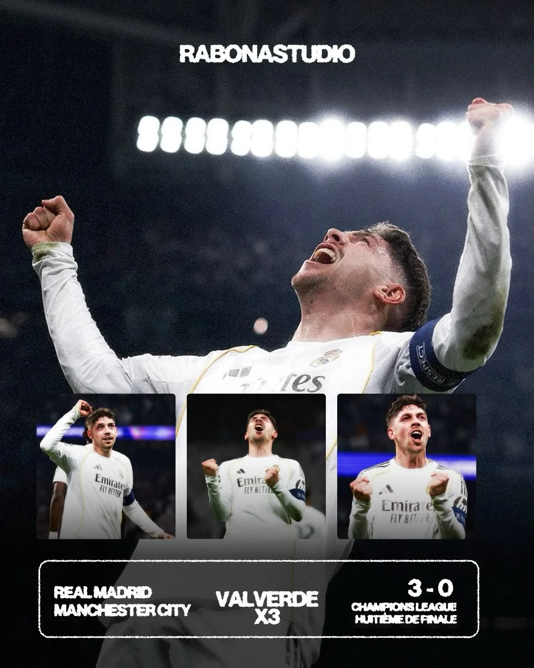 Valverde x3, et le Real Madrid a r&eacute;pondu pr&eacute;sent.
3-0, net et sans bavure. Beaucoup avaient plac&eacute; Manchester City comme grand favori, mais au Bernab&eacute;u c&rsquo;est toujours une autre histoire.
Premier tripl&eacute; en carri