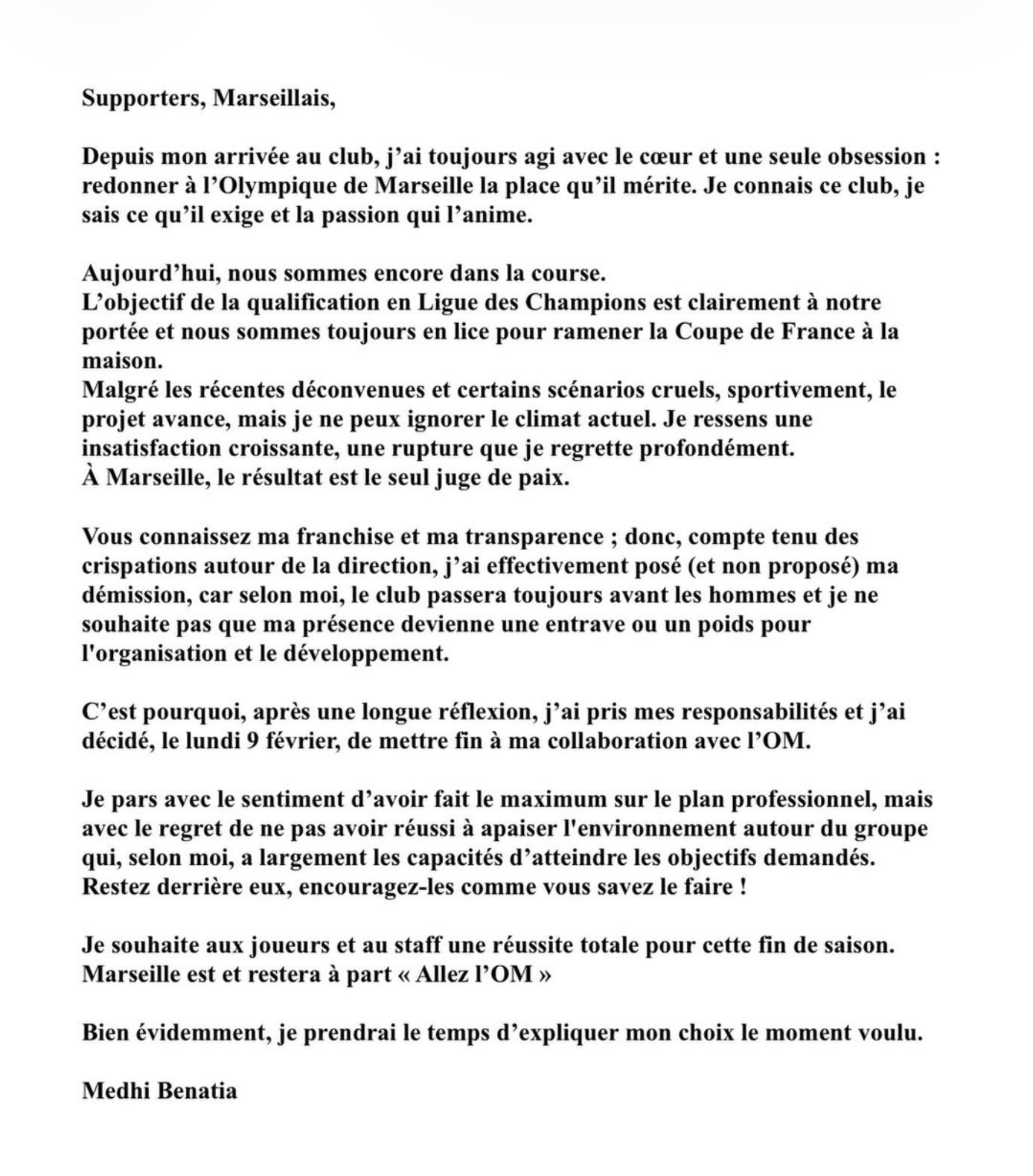 Lettre officielle concernant la démission de Mehdi Benatia