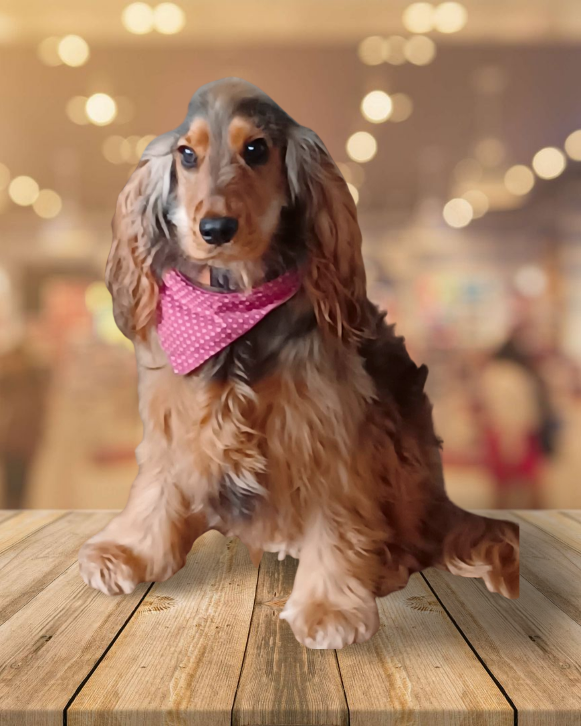 A brown and black Cocker Spaniel puppy with long ears, sitting on a wooden table, wearing a pink polka dot bandana, against a blurred indoor background with warm lighting.