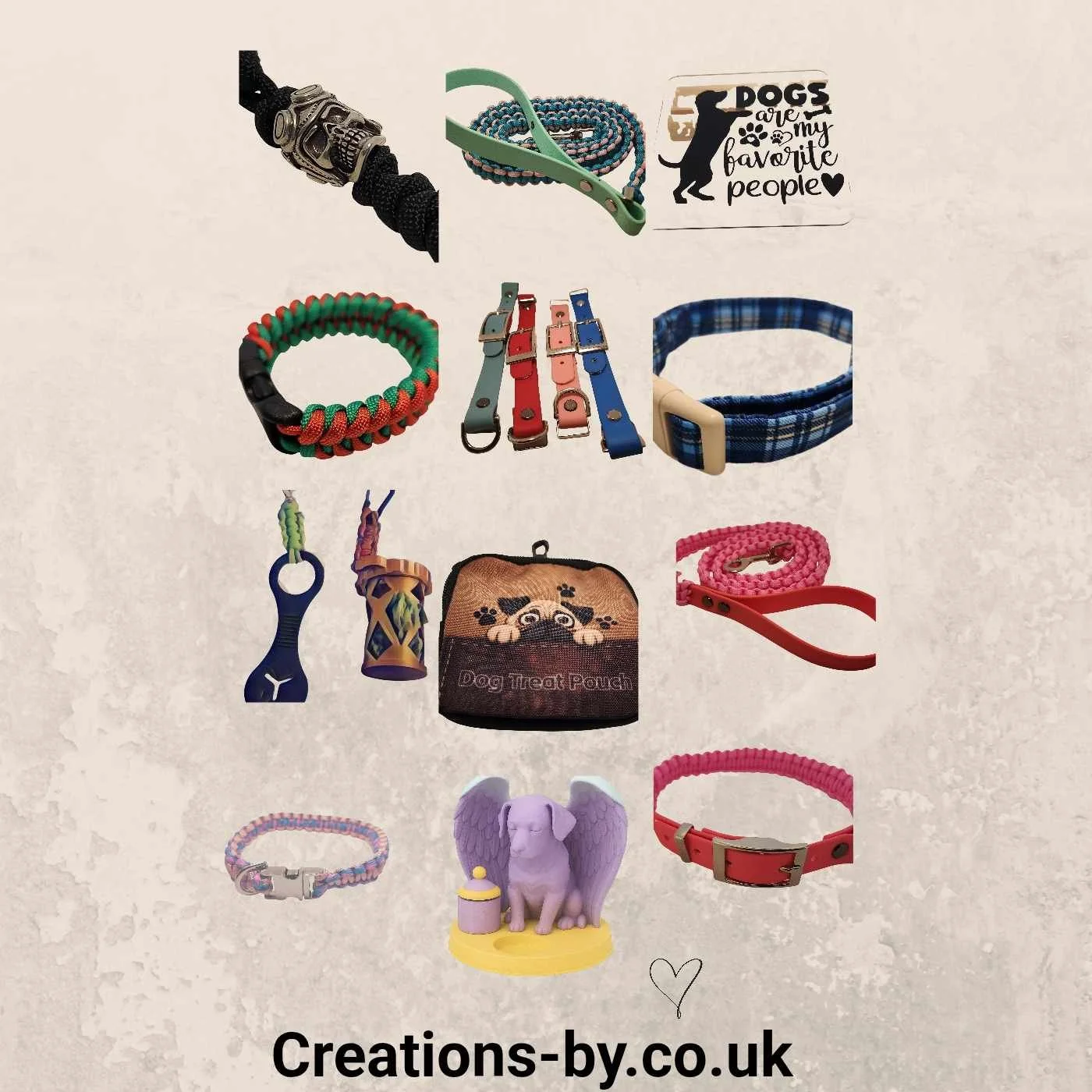 A collection of various dog accessories, including collars, leashes, a dog tag, a treat pouch, and decorative items, displayed against a neutral background with the text "Creations-by.co.uk" at the bottom.