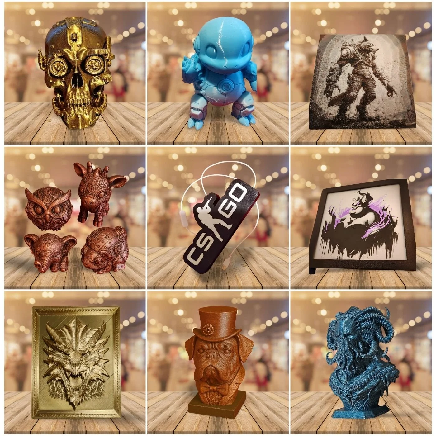A collage of nine images showcasing various collectible art sculptures, figurines, and framed artwork displayed on a wooden surface with blurred background lights.
